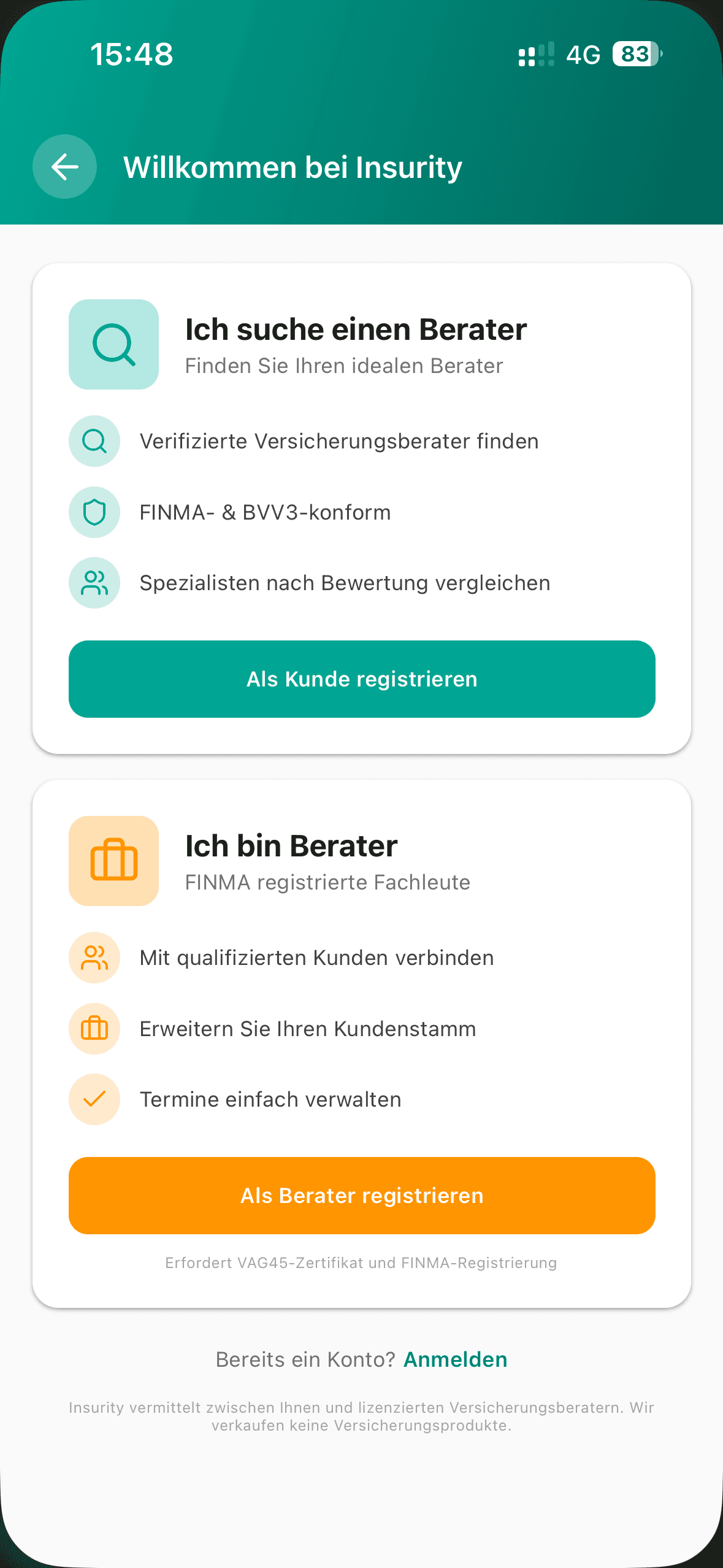 Insurity App – Registrierung und Beratersuche